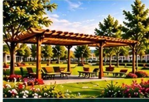 Park with pergola and seating