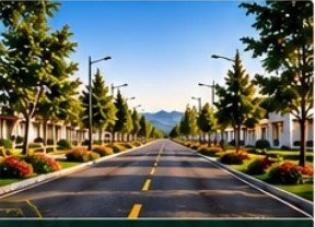 Wide carpeted road with street lights