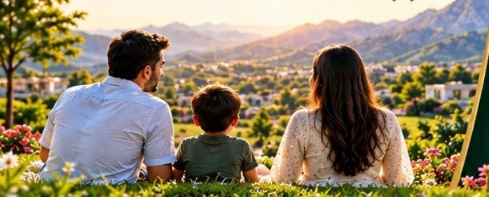 Family seated on a lawn looking over the valley at sunset