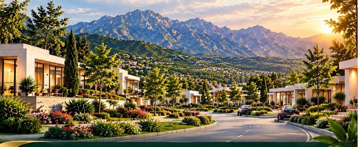 Tree-lined boulevard of Margalla Springs with the Margalla hills behind