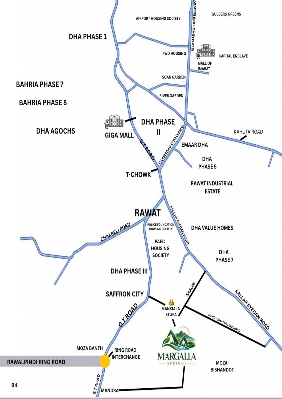 Road map of Rawat showing G.T. Road, Islamabad Expressway, Kallar Syedan Road and the position of Margalla Springs